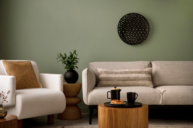 Stylish composition of living room interior with green wall\
grey sofa with pillow white armchair with brown pilow wooden coffe\
table with black accessories black ornament on wall template