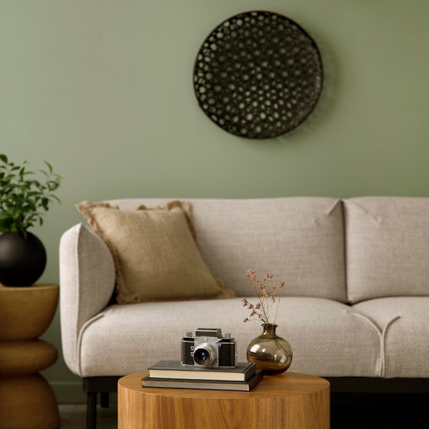 Photo stylish composition of living room interior with green wall