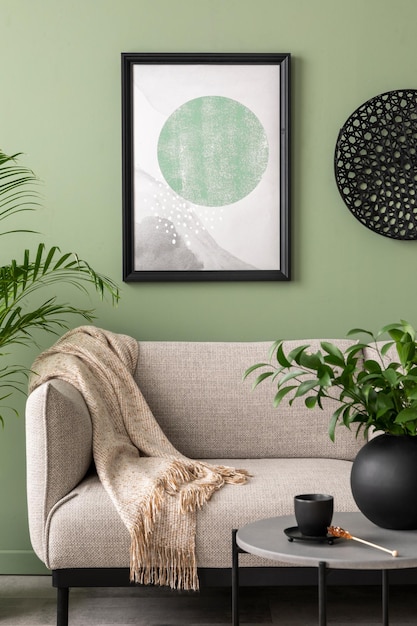 L'elegante composizione all'interno del soggiorno con finto muro verde design divano grigio tavolino da caffè ed eleganti accessori personali cuscino beige e plaid poster mock up sagoma xd
