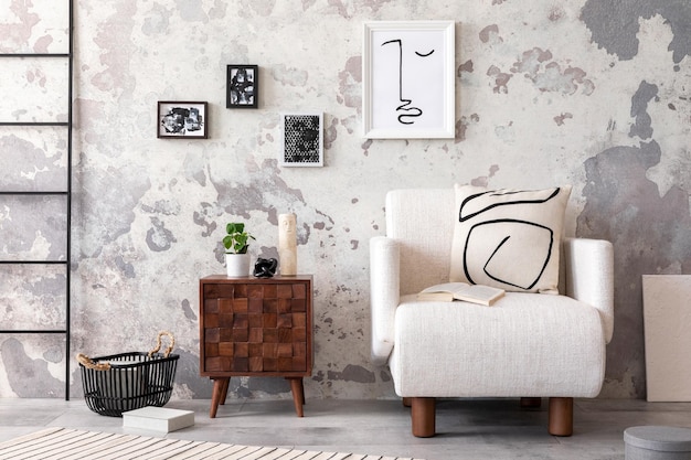 白い肘掛け椅子の木製のコーヒーテーブルと個人用アクセサリーのモックアップを備えたリビングルームのインテリアのスタイリッシュな構成 ポスターの家の装飾テンプレートのモックアップ