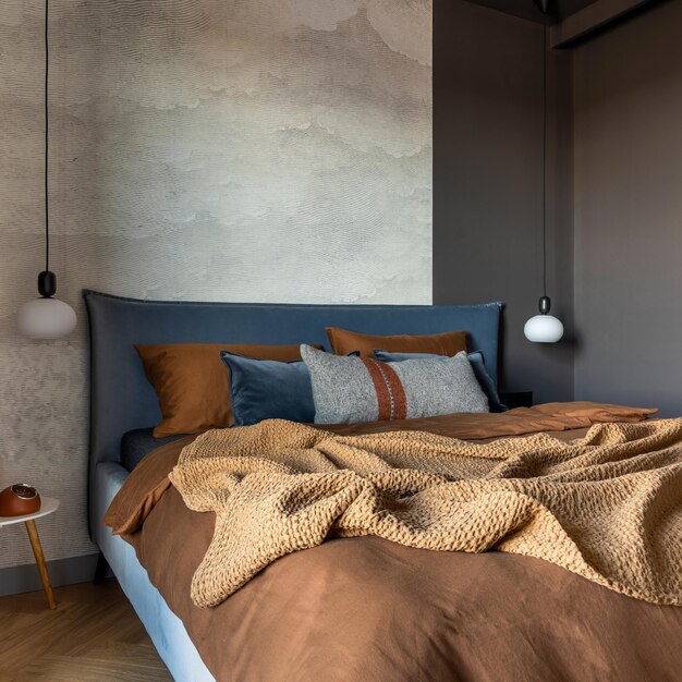 Stylish composition of modern bedroom interior bed creative\
lamp and elegant personal accessories concrete wall brown sheeets\
minimalistic masculine concept template