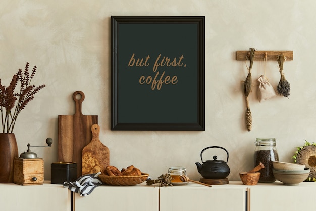 Photo stylish composition of modern kitchen interior design with mock up poster frames, beige sideboard and retro accessories. template. autumn vibes.