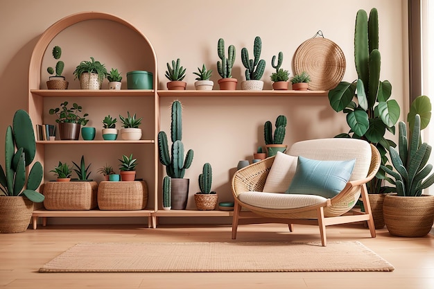 Stylish composition of modern living room interior with copy space a lot of cacti and plants armchair wooden shelves and rattan accessories creative wall mockup template carpet on the floor