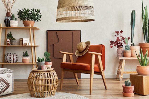 Photo stylish composition of modern living room interior with structure painting, a lot of cacti and plants, armchair, wooden shelves and accessories. creative wall, carpet on the floor. template.