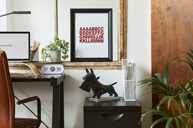 Stylish composition of modern masculine home office workspace\
interior with black industrial desk, brown leather armchair, laptop\
and stylish personal accessories. template.