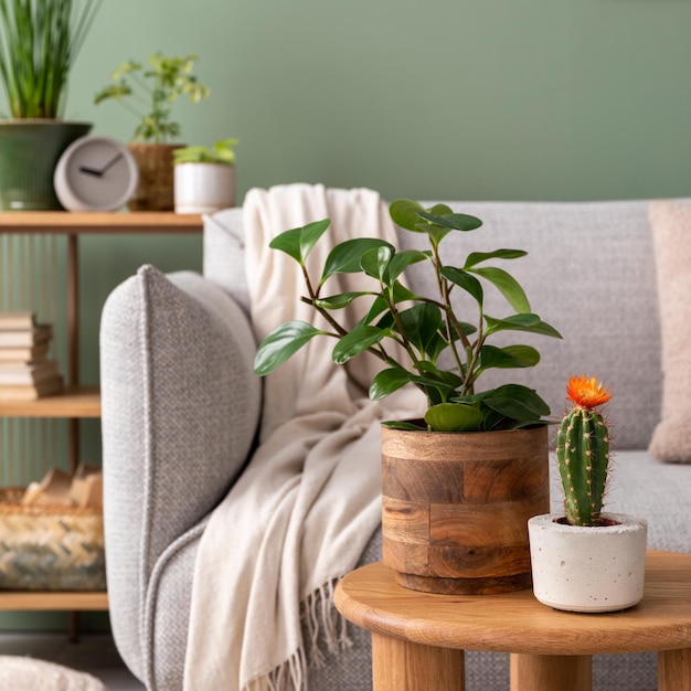 Фото Стильная композиция уютного интерьера гостиной с дизайном каркасов плакатов растений бежевого дивана