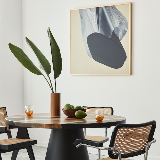 디자인 테이블 현대적인 의자 장식이 있는 식당 내부의 세련된 구성은 꽃병 과일 추상에 있는 열대 잎과 가정 장식의 우아한 액세서리를 조롱합니다. 템플릿