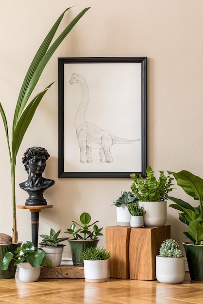 Stylish composition of retro living room interior with a lot of plants in different pots and black frame on the beige wall. Vintage home decor. Minimalistic concept..