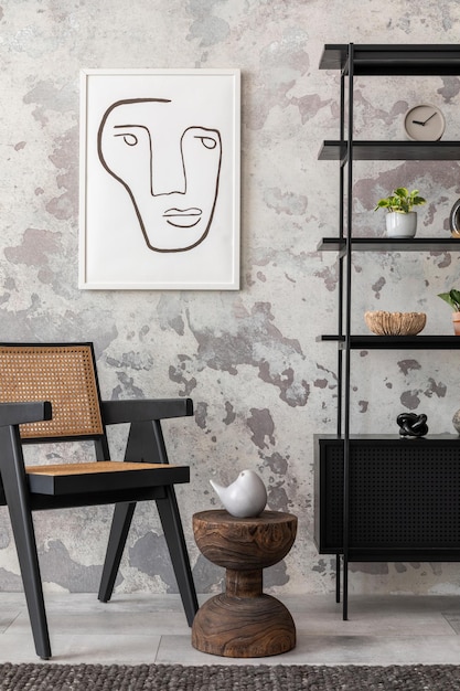 The stylish composition of wabi sabi interior with mock up poster black rack rattan armchair carpet coffee table and personal accesoories Grey concrete wall Home decor Template