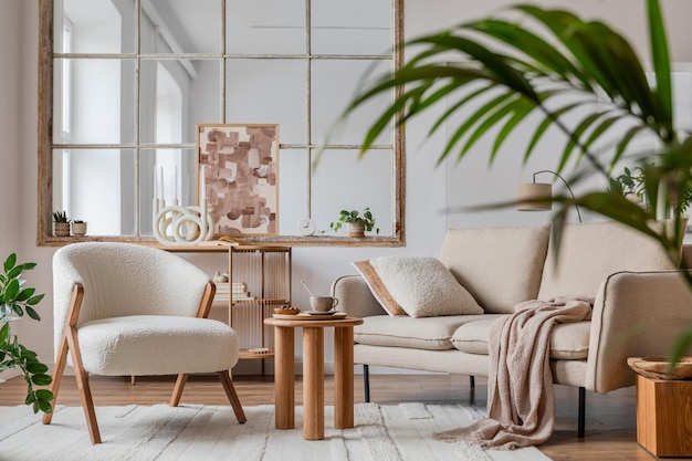 Stylish compositon of modern living room interior with frotte armchair sofa plants painting wooden commode side table and elegant home accessories Template Copy spacexA