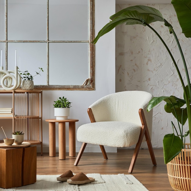 Stylish compositon of modern living room interior with frotte\
armchair sofa plants wooden commode side table and elegant home\
accessories home staging template copy space