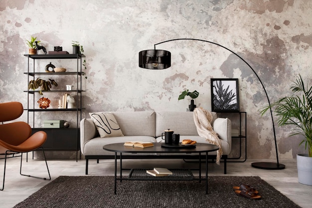 The stylish compostion at living room interior with design gray sofa armchair black coffee table lamp and elegant personal accessories Loft and industrial interior Template xD