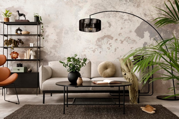 The stylish compostion at living room interior with design gray
sofa armchair black coffee table lamp and elegant personal
accessories loft and industrial interior template xd