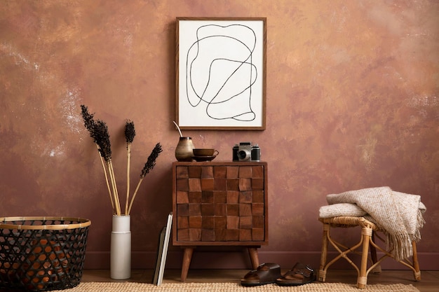 모의 디자인 나무 찬장과 우아한 개인 액세서리가 있는 거실 인테리어의 세련된 구성 갈색 벽 아늑한 아파트 홈 장식 템플릿