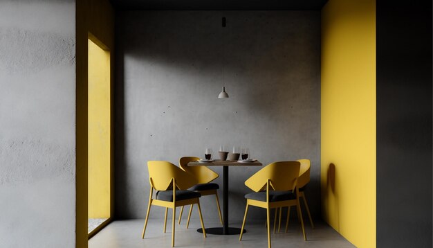 Stylish concrete interior cafe with yellow furniture Generative AI