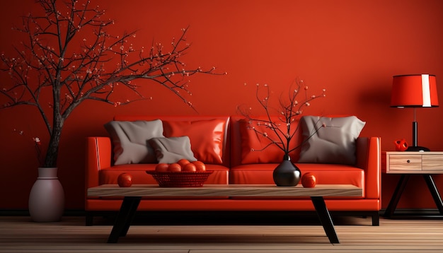 Stylish and contemporary living room interior with vibrant red tones and striking wall art display