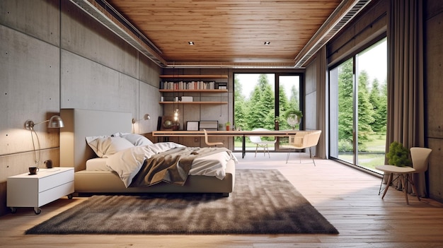 Стильная современная спальня в стиле лофт с выходом в сад В комнатах есть пол из бетонной плитки, потолок из деревянных досок светло-серая тканевая мебель Генеративный AI