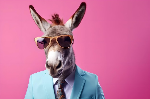 Stylish cool donkey in sunglasses business suit and tie Minimal creative concept of business and success Generative AI