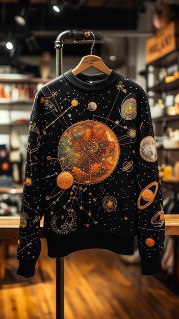 Stylish cosmicthemed sweater displayed in an urban store