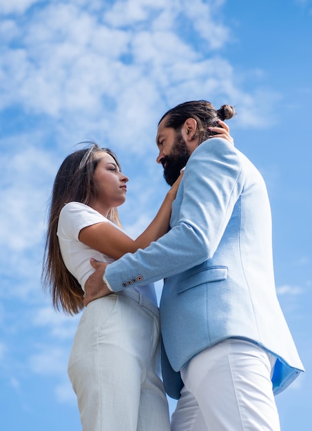 Stylish couple in love embrace outdoor man and woman on romantic date romance young family relations loving relationship girlfriend with her boyfriend happy valentines day