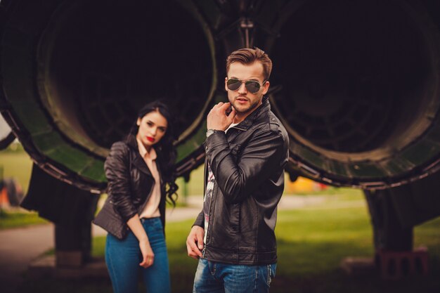 Stylish couple outdoors. focus on man