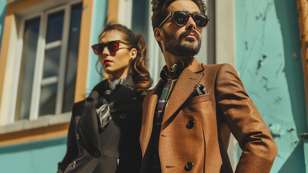 A stylish couple wearing sunglasses and coats stand in front of a building
