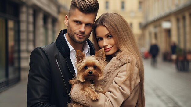 Stylish Couple with Dog Spring Walk in the City