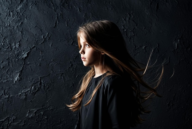 Stylish cover child girl posing with long hair blowing in wind at dark textured wall looking away Ad