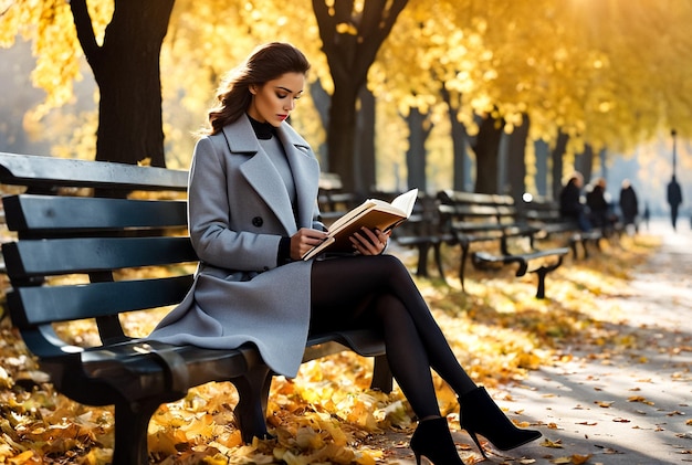 Stylish cover woman in grey coat reading book sitting on park bench in autumn day pensive looking Pe