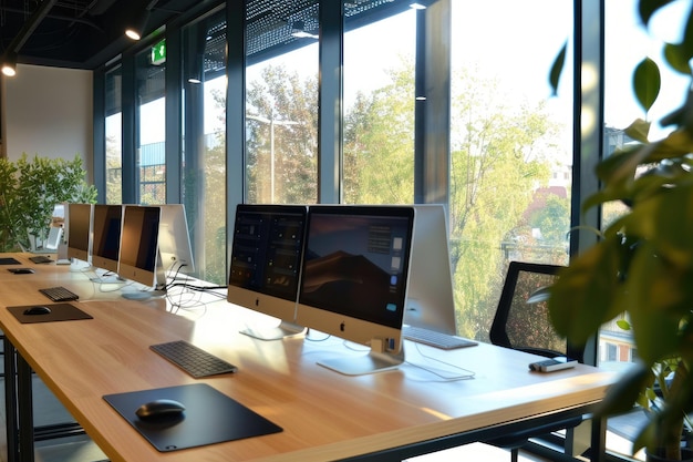 stylish coworking interior with pcs and panoramic view