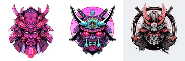 Stylish cyberpunk samurai mask in 2D Logo style