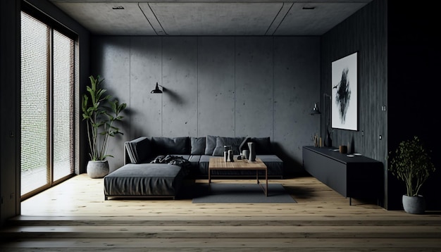 Stylish dark interior with black leather sofa panel concrete wall and wooden floor Generative AI