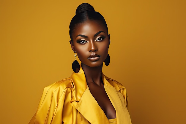 Stylish darkskinned girl with black earrings on a yellow background