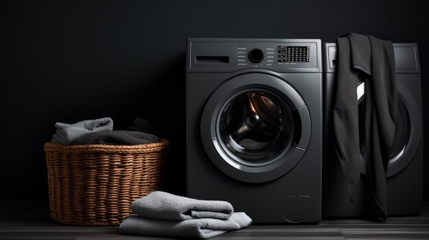 Stylish darkthemed laundry setup with towels in basket and a black washing machine