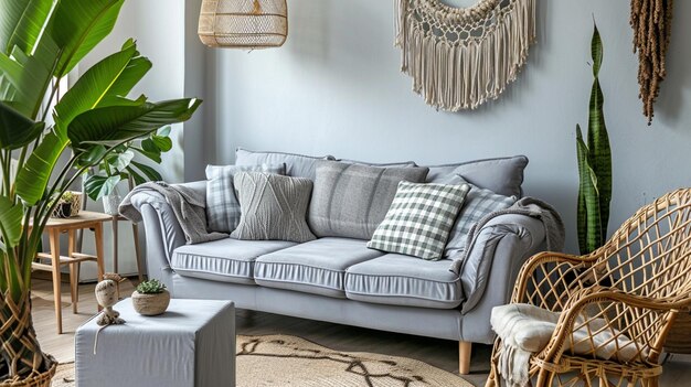 Стильная и дизайнерская композиция гостиной с серым диваном и ротанговым креслом Generative Ai