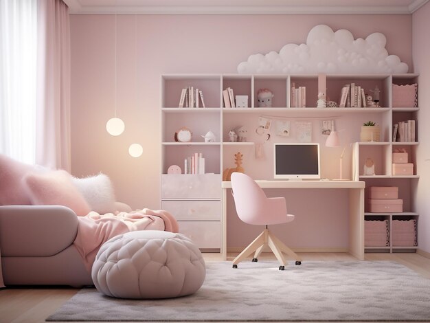 Photo stylish design for a pink child room with cozy furniture ai generation