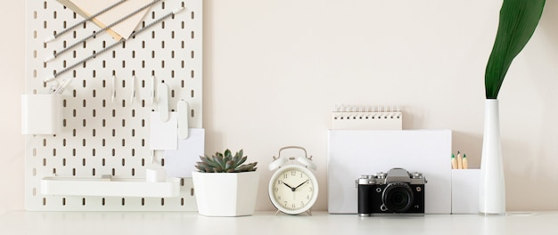 Stylish desk interior with White table background with plant and leaves. Modern home office interior