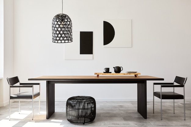 Stylish dining room interior with design wooden family table, black chairs, teapot with mug,  art paintings on the wall and elegant accessories in modern home decor. 