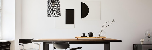 Foto interni eleganti della sala da pranzo con tavolo familiare in legno di design, sedie nere, teiera con tazza, finti dipinti d'arte sul muro e accessori eleganti in un arredamento moderno per la casa. modello.