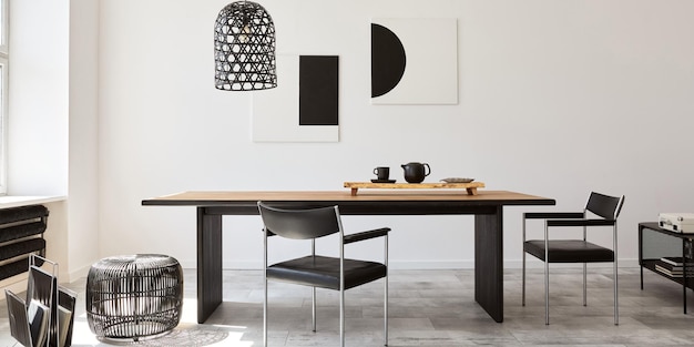 Stylish dining room interior with design wooden family table, black chairs, teapot with mug, mock up art paintings on the wall and elegant accessories in modern home decor. Template.