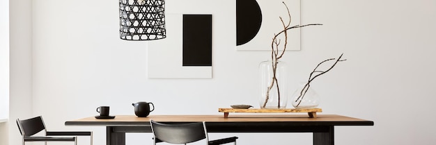 Stylish dining room interior with design wooden family table,\
black chairs, teapot with mug, mock up art paintings on the wall\
and elegant accessories in modern home decor. template.
