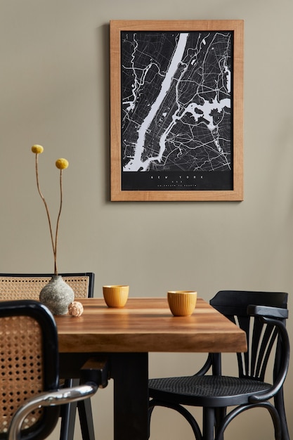 Stylish dining room interior with mock up poster map, wooden\
walnut table, design chairs, cup of coffee, decoration, tableware\
and elegant personal accessories in home decor. template.