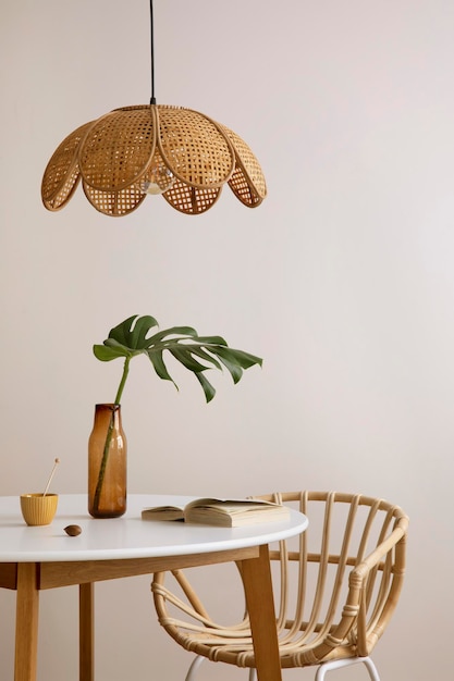 The stylish dining room with round table rattan chair lamp and kitchen accessories Leaf in a vase Home decor Template