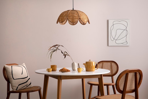 The stylish dining room with round table rattan chair wooden commode poster and kitchen accessories Beige wall with mock up poster Home decor Template