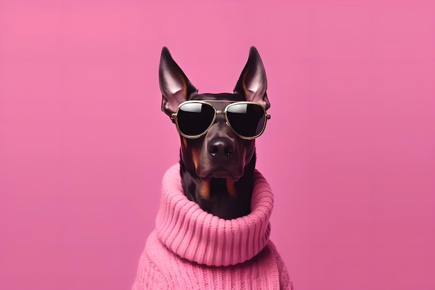 Foto doberman elegante con maglione rosa e occhiali che guarda la telecamera il concetto di stile di moda e divertimento è minimo colore pastello generato dall'ia