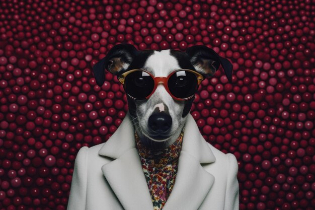 Photo stylish dog in sunglasses against red polka dot background