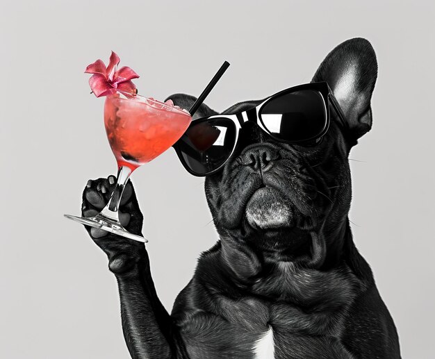 Photo stylish dog in sunglasses enjoying a refreshing cocktail unique portrait of a cool dog with a tasty