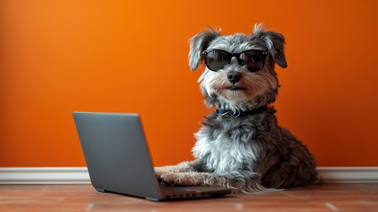 Photo a stylish dog uses a laptop with sunglasses blending humor and charm