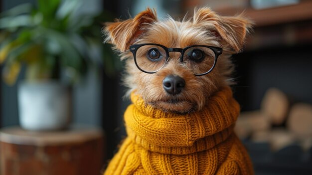 안경 과 노란색 스웨터 를 입은 세련 된 개