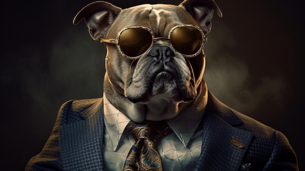 A stylish dog wearing sunglasses and a suit with a tie